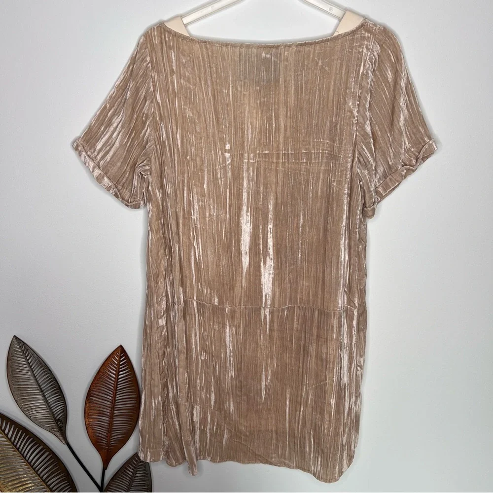 H19 Anthropologie‎ Floreat Crinkle Crushed Velvet Dress Champagne Pockets